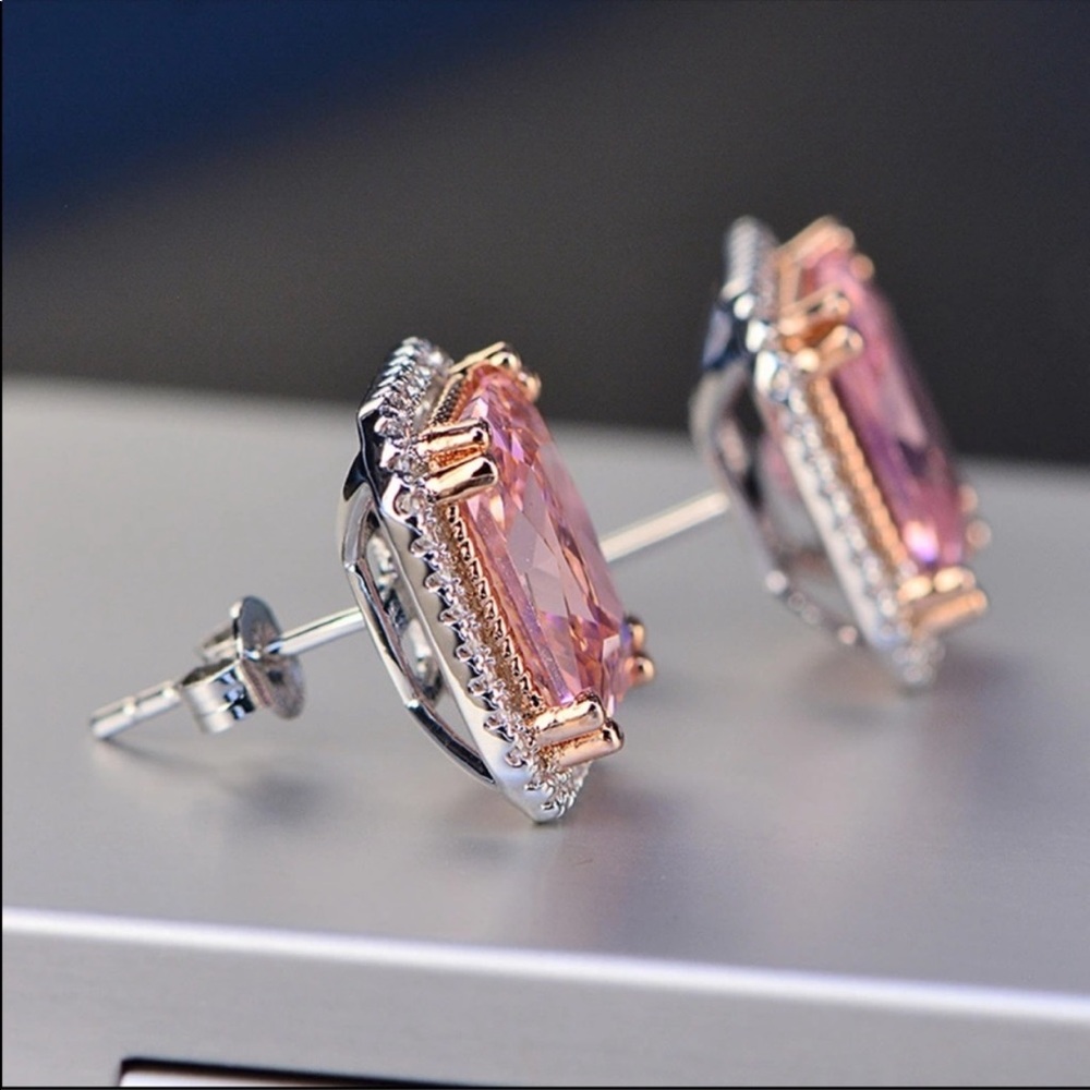 Gold Plated Big Pink Crystal Earrings - Picture 2 of 4